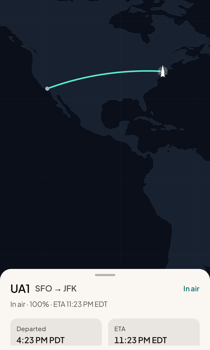 FlightDex live map tracking a flight from San Francisco to New York